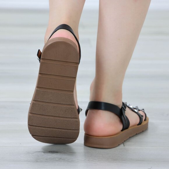 Black Metal Stud Trendy Comfy Flat Gladiator Sandal Slip On Sliders - Picture 12 of 12